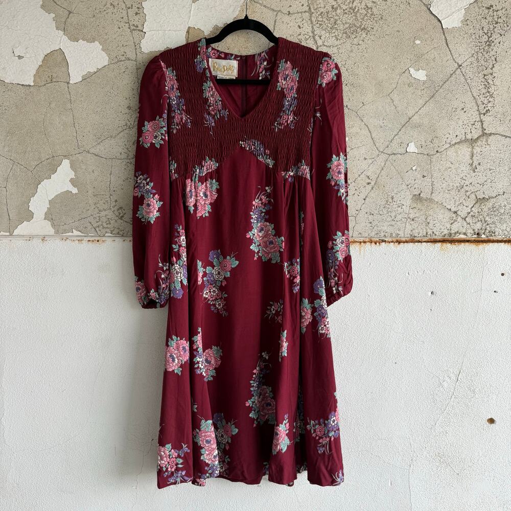 Vtgs 70s Dress Rae Dolls San Francisco Smocked Burgundy Floral Boho Prairie XS
